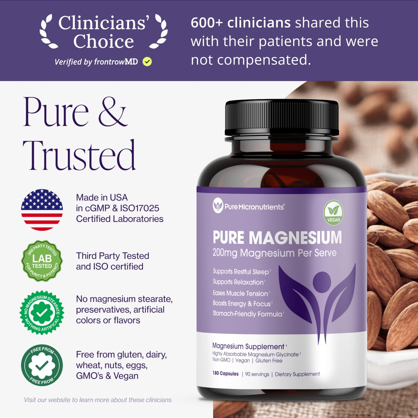 Pure Magnesium Glycinate Supplement – Highly Absorbable Chelated Magnesium to Support Sleep, Muscle & Nerve Health, Energy, Relaxation & Bone Health