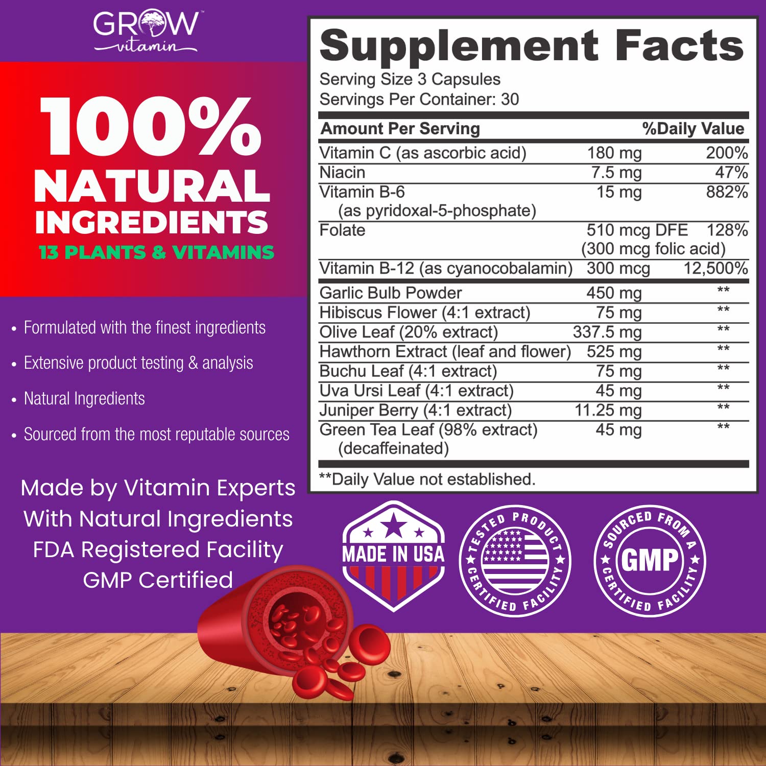 grow vitamin Blood Pressure Formula - Herbal Blend, Non-GMO, Gluten-Free - 90 Capsules grow vitaminBuy Supplements Australia