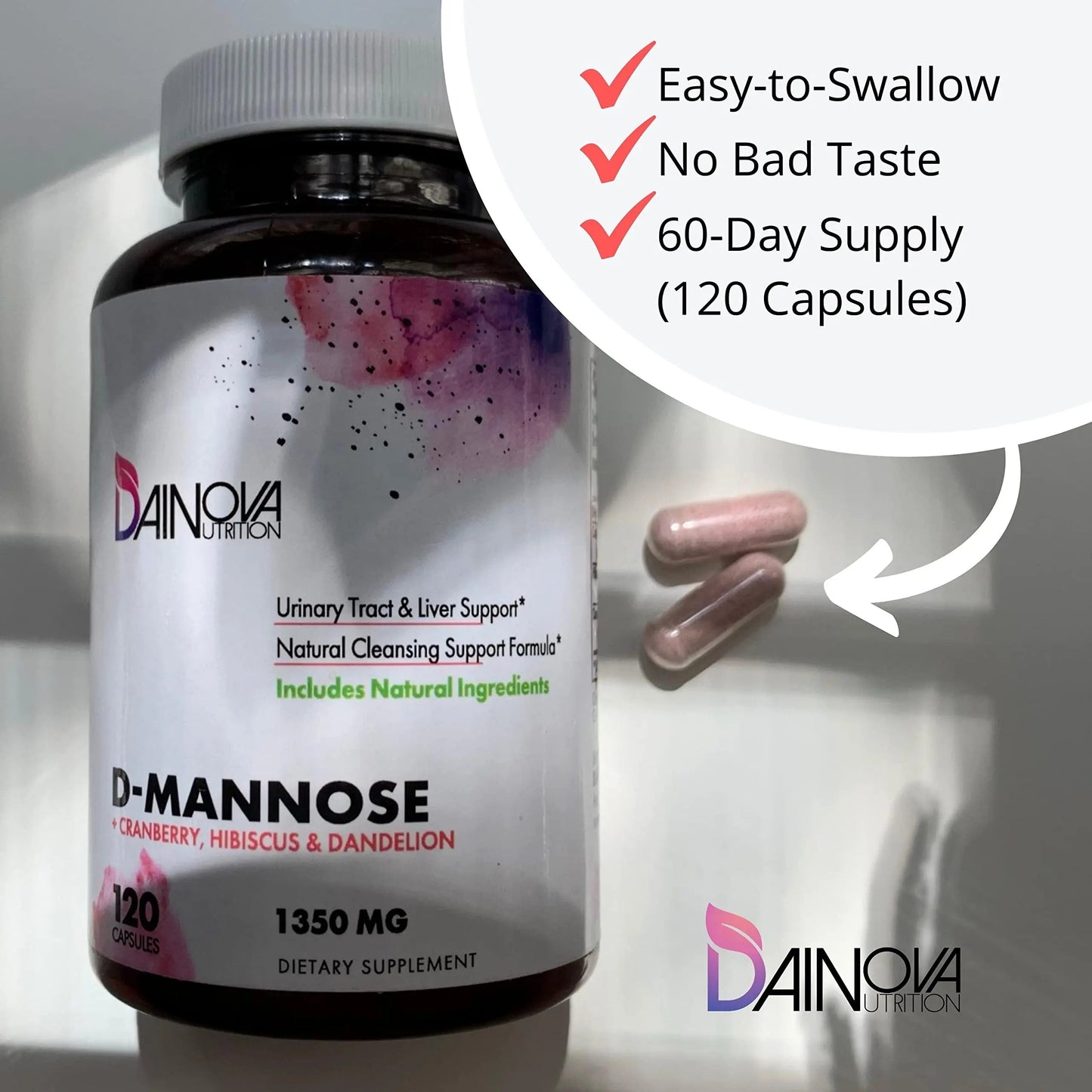 Dainova D Mannose 1350mg with Cranberry I D-Mannose Capsules for UTI Prevention, Urinary Tract Support, Urinary Tract Health for Women, & Cleanse. W/Hibiscus & Dandelion, 120 Veggie Capsules Dainova NutritionBuy Supplements Australia