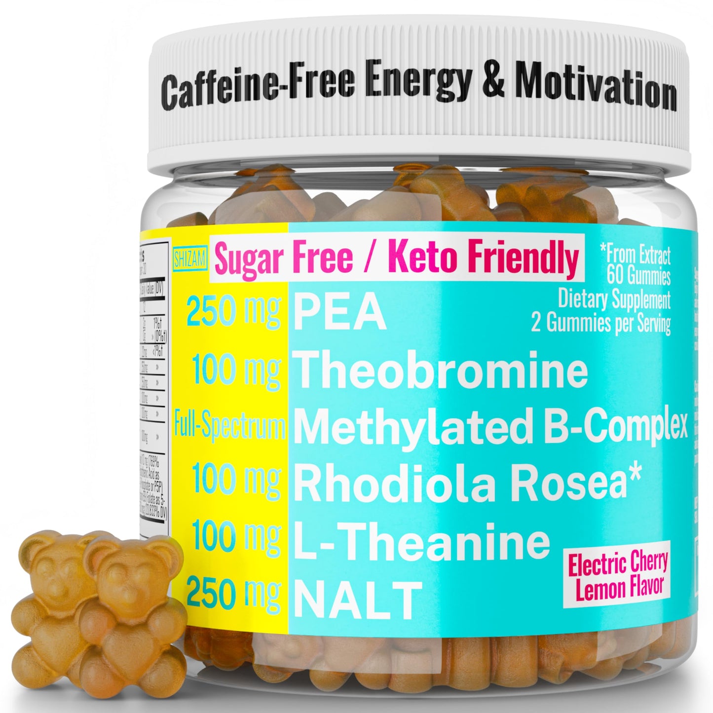 Rhodiola Rosea NALT N-Acetyl-L-Tyrosine Methylated Vitamin B Complex L-Theanine Gummies w P5P B6 5-MTHF B9 Folate Methyl B12 Methylcobalamin B3 Niacinamide, Supplement Powder Capsule Pill Supplements SHIZAMBuy Supplements Australia