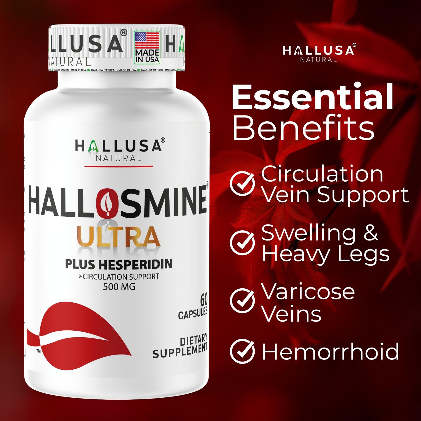 Hallusa Natural Hallosmine Ultra Diosmin 500mg & Hesperidin 150mg – Heavy Legs, Swelling & Vein - Blood Circulation Supplements, 60 Caps Hallusa NaturalBuy Supplements Australia