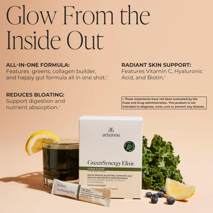Arbonne GreenSynergy Elixir – Citrus-Flavored Greens Powder with 13 Digestive Enzymes, Vegan Collagen Builder, Probiotics, and Prebiotics – Supports Gut Health and Digestion – 30 Stick Packs ArbonneBuy Supplements Australia