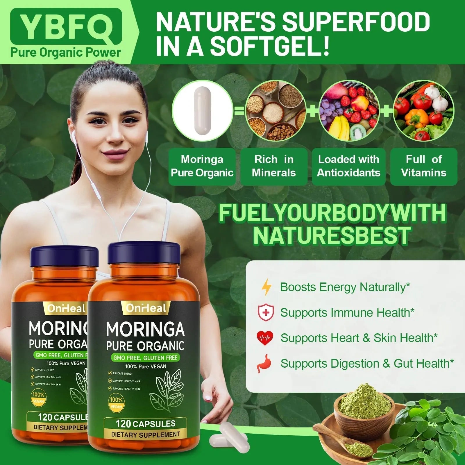 YBFQ Organic Moringa Capsules 1000 mg, 120 Count - Moringa Capsules with Organic Olefeira Powder, Supports Healthy Hair and Skin, Energy and Balance YBFQBuy Supplements Australia