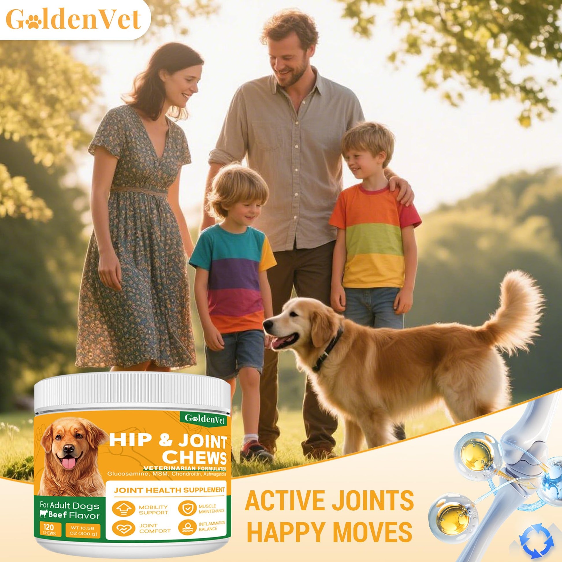 Hip and Joint Chews for Senior Dogs with Glucosamine HCL, Chondroitin, Green-lipped Mussel, Ashwagandha for Anti Inflammatory, Mobility Support, Muscle Maintenance, Joint Comfort 120 Ct GOLDENVETBuy Supplements Australia