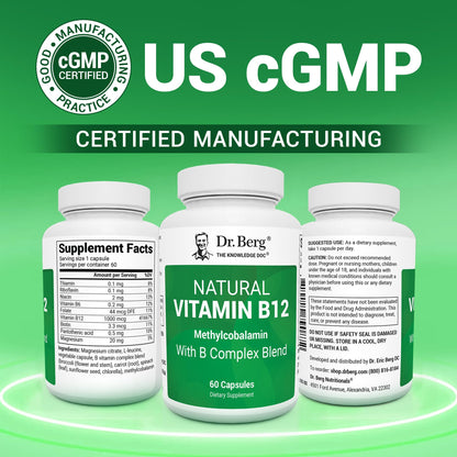 Dr. Berg Natural Vitamin B12 1000 mcg with B Complex Blend - Methylcobalamin B12 for Energy, Nerve Health, and Cognitive Function* - Methylated B12 with Folate - 60 Capsules (2-Month Supply) Dr. Berg NutritionalsBuy Supplements Australia