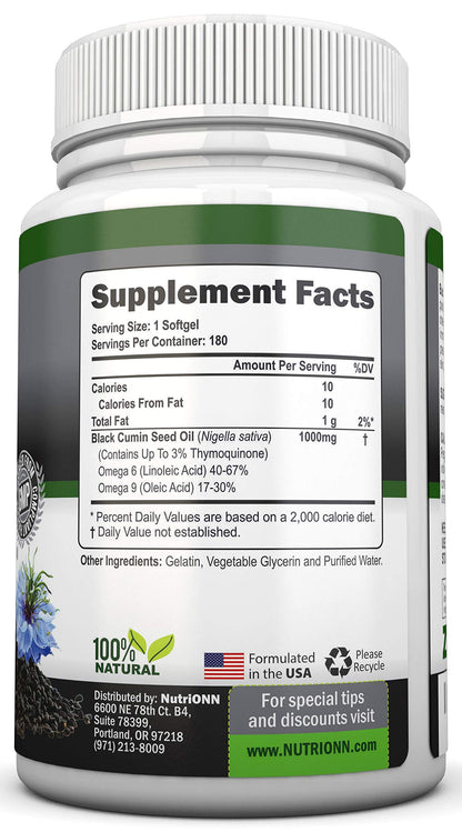 Black Seed Oil - 1000 Mg - 180 Softgels - Cold-Pressed Non-GMO Black Cumin Seed NutriONNBuy Supplements Australia