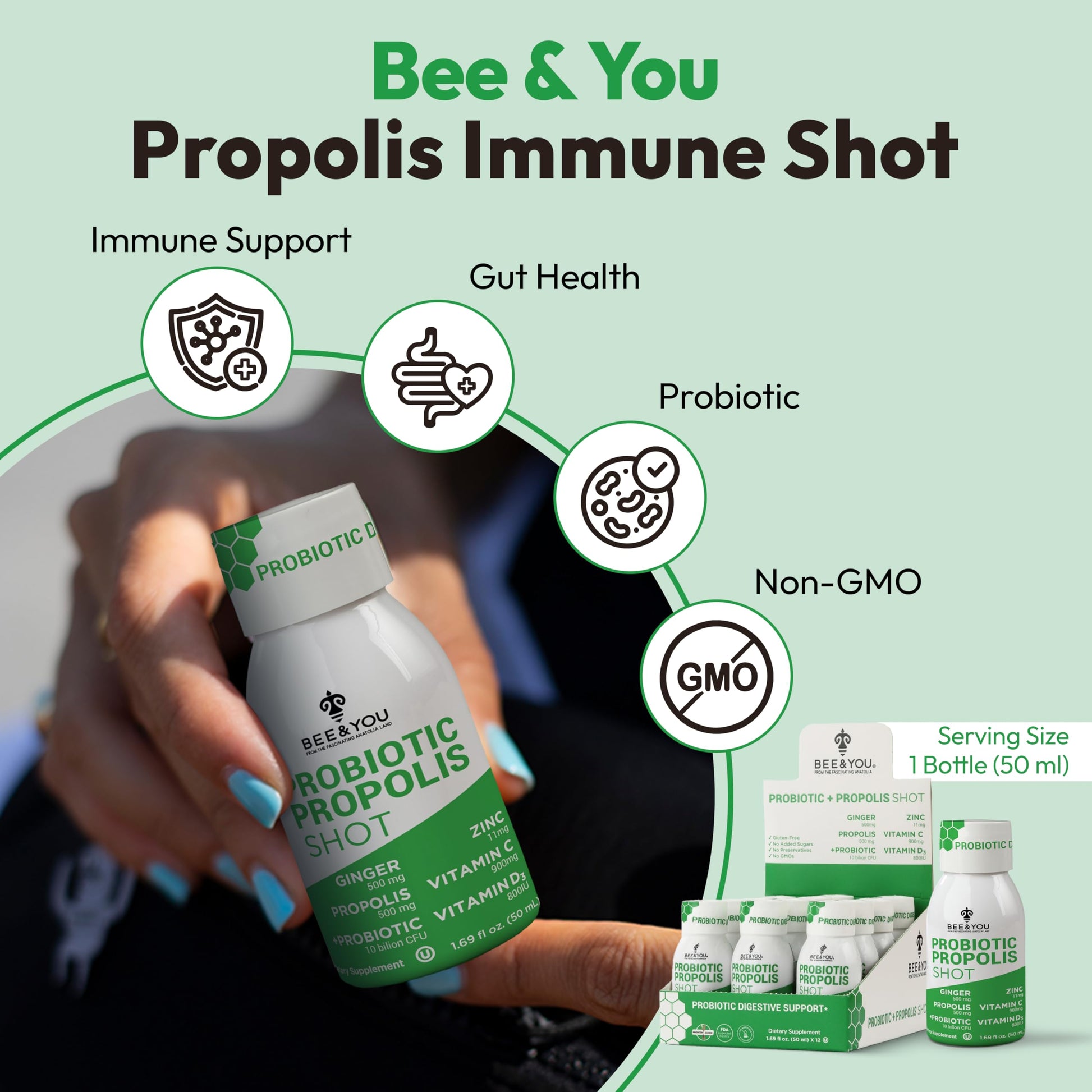 Bee and You Propolis Immune Shot, Probiotic, Vitamin C, Vitamin D3, Zinc, Ginger, Immune Support, Gut Health, Digestive Health, Bioactive 1.69 Fl. oz, 12 Pack BEE & YOUBuy Supplements Australia