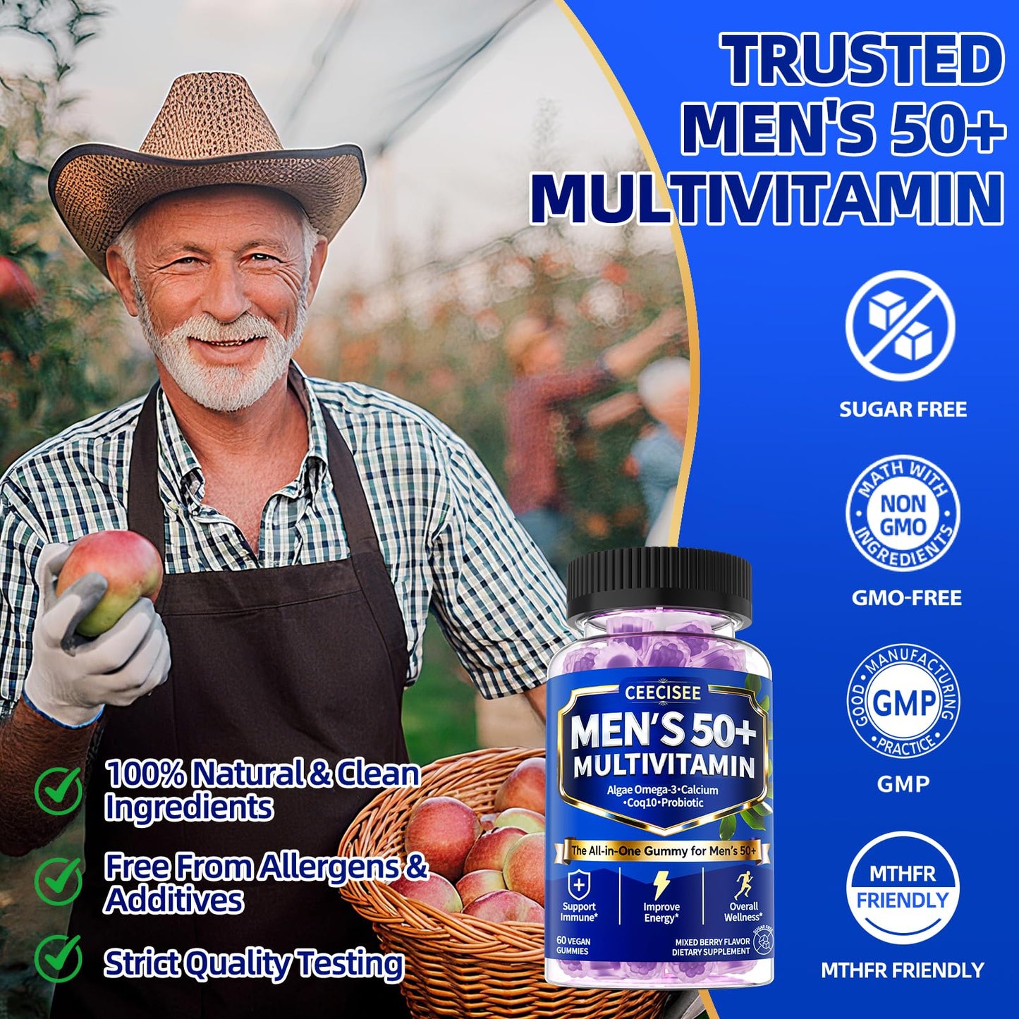Ceecisee Methylated Multivitamin for Men Over 50: Daily Mens Multivitamins Gummies with Omega Probiotic Magnesium Zinc Vitamins D3 B12 - Energy Immune Support No Iron Vitamins Gummy for Men(60Count) CeeciseeBuy Supplements Australia