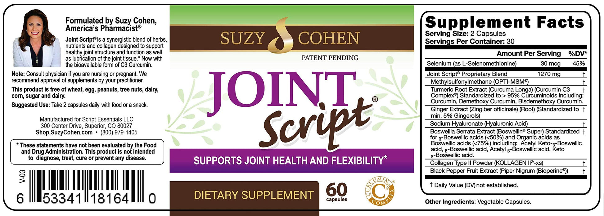 Suzy Cohen Joint Script Joint Support Supplement with Hyaluronic Acid, C3 Curcumin Turmeric Extract, MSM, Collagen Peptides, Ginger, and Boswellia for Maximum Flexibility, Tendon and Cartilage Health Script EssentialsBuy Supplements Australia
