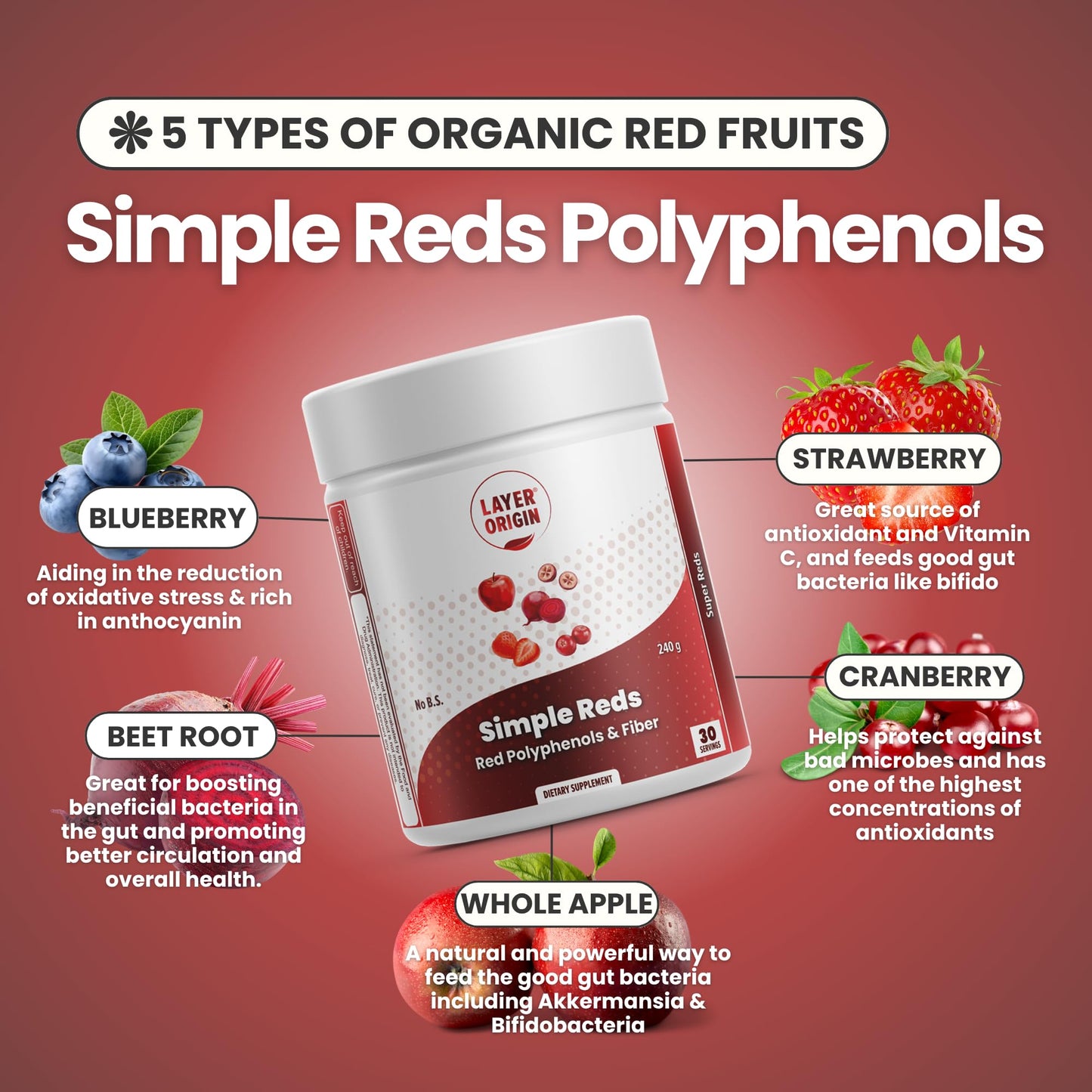 Layer Origin Simple Reds - Organic Red Polyphenols Whole Fruit Powder | Five Real Whole Fruits | 30 Servings Layer OriginBuy Supplements Australia