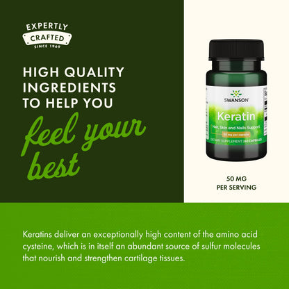 Swanson Keratin (from Tibetan Wool) - Natural Supplement Promoting Healthy Joints, Hair, Skin & Nails - Helps Nourish Healthy Connective Tissues - (60 Capsules, 50mg Each) SwansonBuy Supplements Australia