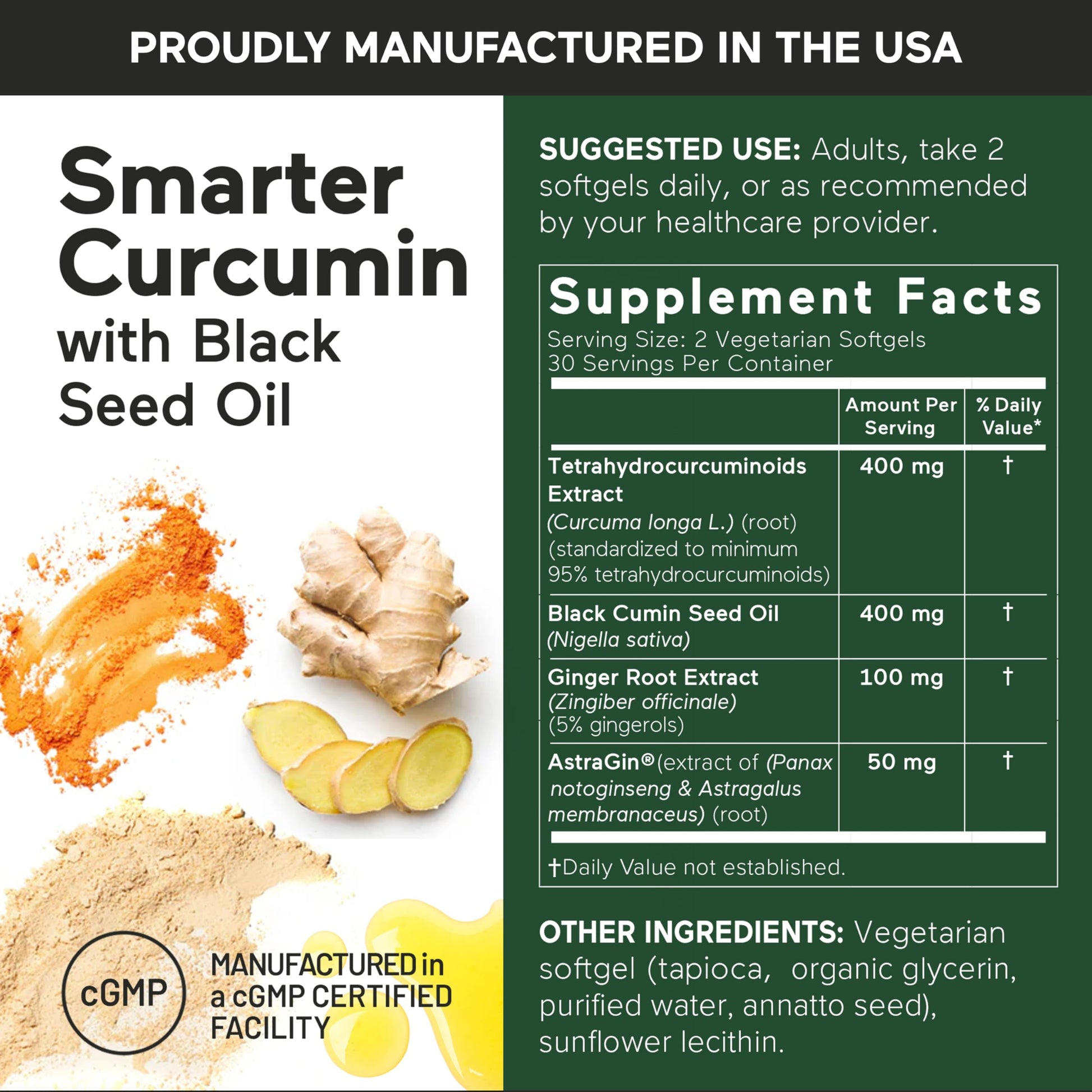 SMARTERNUTRITION Curcumin Softgels - Vegan High Absorption 400 mg Turmeric Supplement + Black Seed Oil & Ginger - 95% Tetrahydrocurcuminoids Non-GMO, USA Manufactured - 60 Ct[30 Servings] SMARTERNUTRITIONBuy Supplements Australia