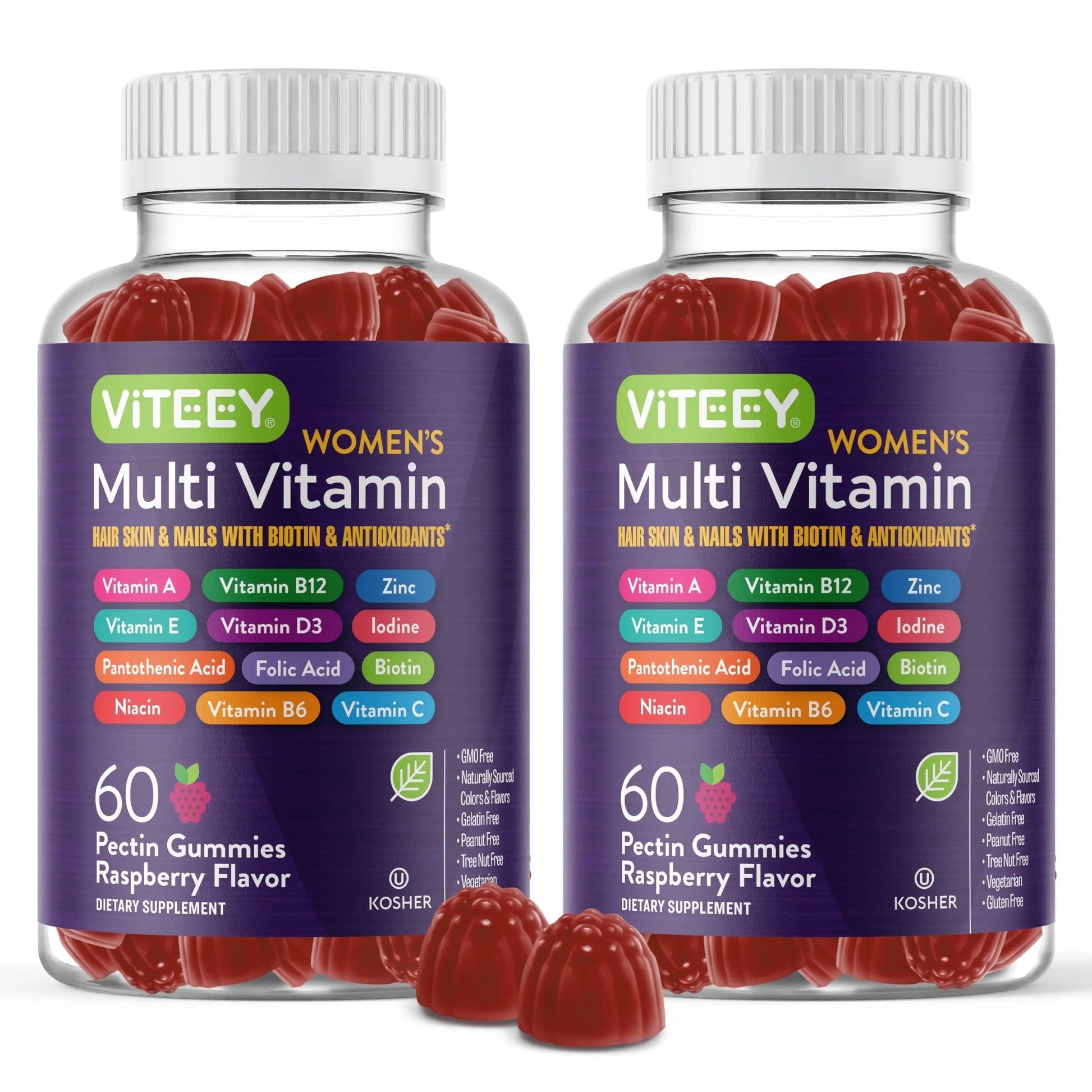 Viteey Womens Multivitamin Gummies - Immune Support - 12 in 1 Essential Vitamins & Minerals - Vitamin A, C, D3, E, B6, B12, Folic Acid, Biotin, Calcium Viteey