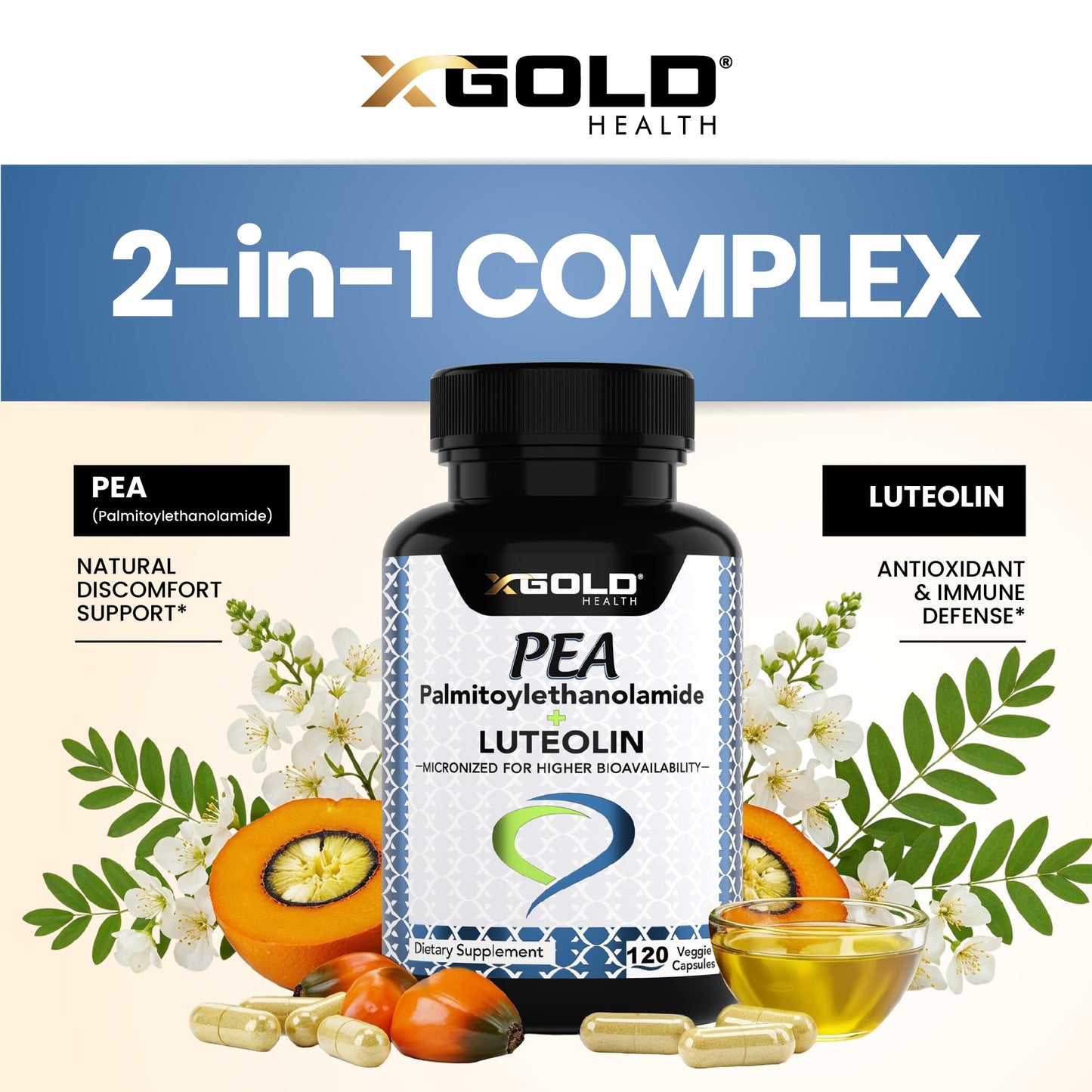 Palmitoylethanolamide 630 mg + Luteolin Standardized 98%- Micronized Pea 99% Highly Purified and Bioavailable - Made in USA - Supplement for Men and Women - 120 Veggie Capsules X Gold HealthBuy Supplements Australia