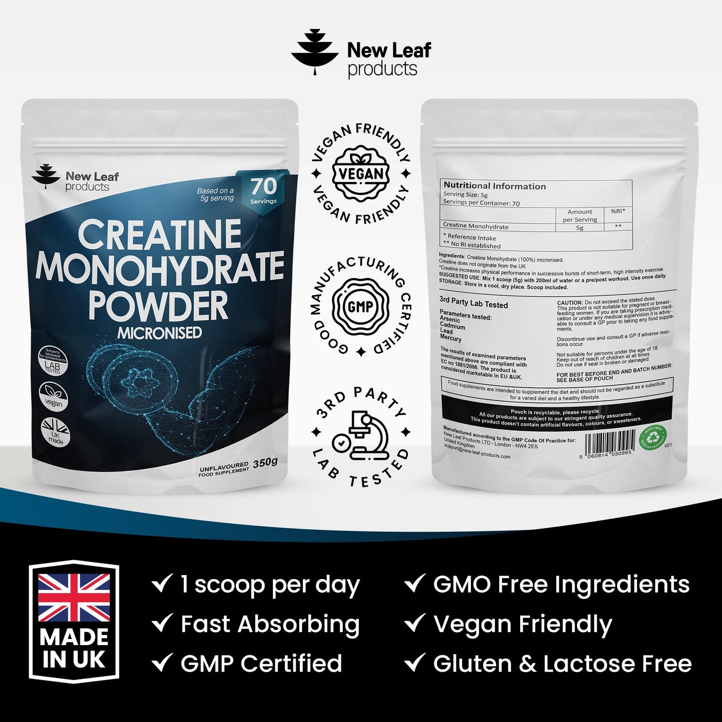 Creatine Monohydrate Powder 100% Pure Micronized Creatine - 350g Increased Absorption NEW LEAF PRODUCTSBuy Supplements Australia