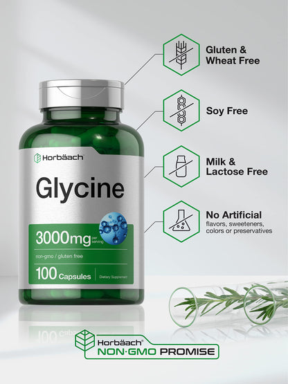 Glycine 3000 mg 100 Capsules | Non-GMO, Gluten Free Glycine Supplement | by Horbaach HorbäachBuy Supplements Australia