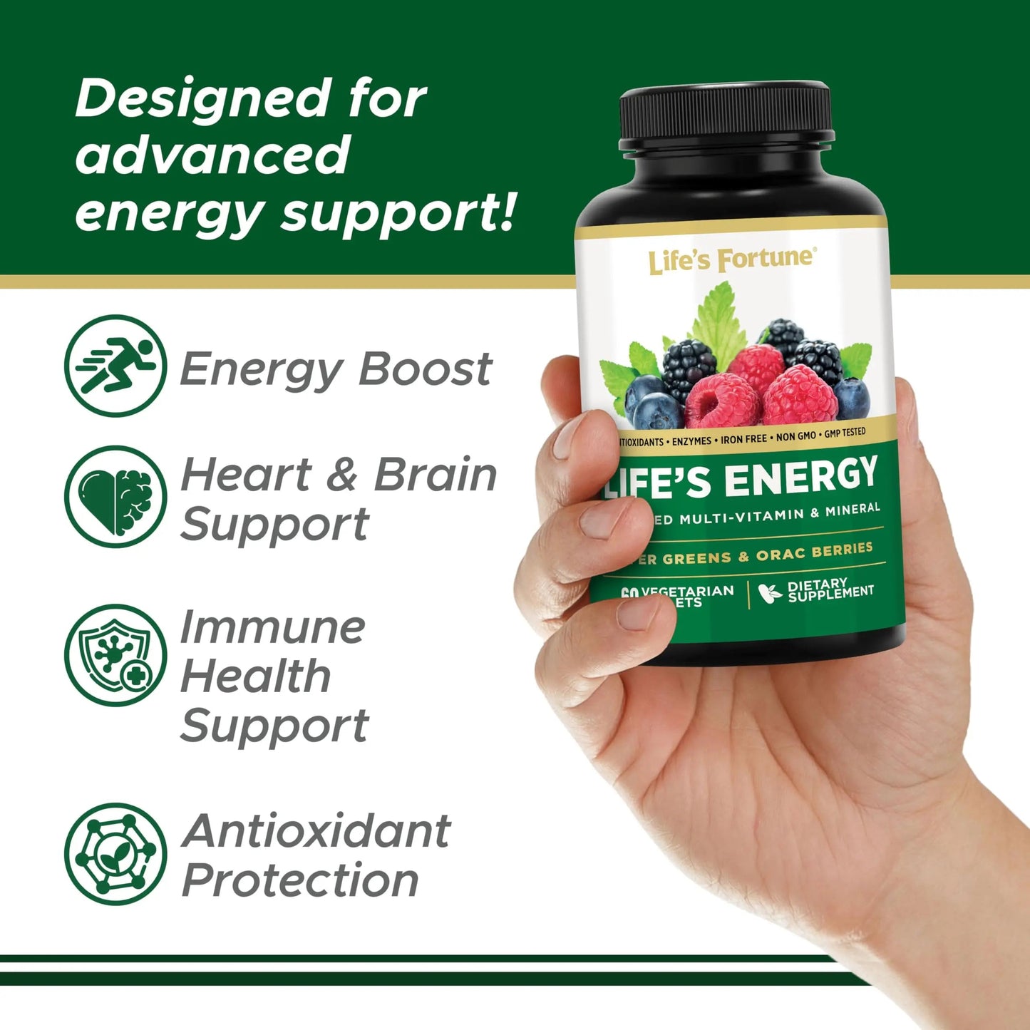 Life's Energy Advanced Daily Multivitamin for Men & Women, Energy and Immune Support Supplement with Super Greens, Antioxidants, Enzymes Life's Fortune