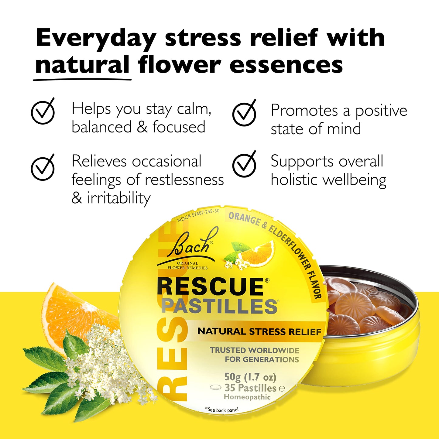 Bach RESCUE PASTILLES, Orange and Elderflower Flavor, Natural Stress RESCUEBuy Supplements Australia