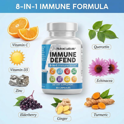 Clean Nutraceuticals Immune Defense Support Supplement 8 in 1 with Zinc 50mg Quercetin, VIT C 1000mg, Vitamin D3 5000 IU, Elderberry, Ginger