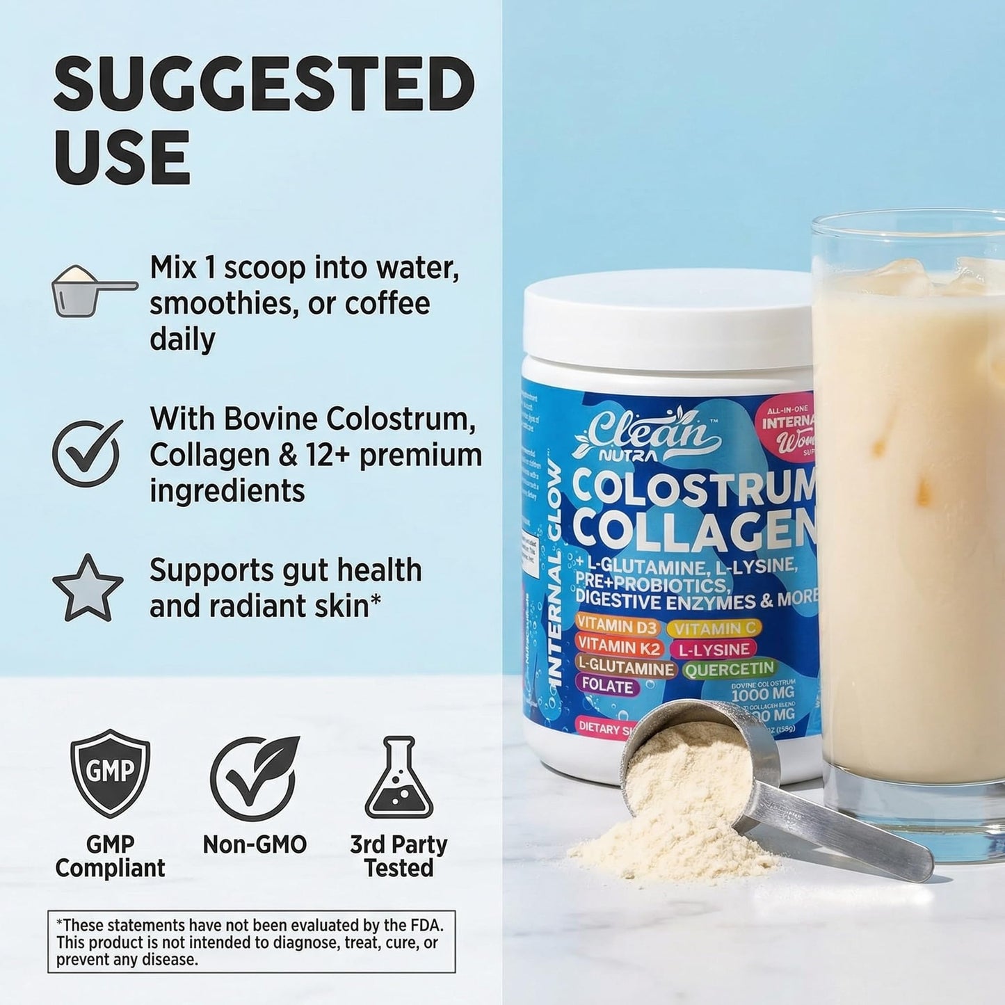 Bovine Colostrum Powder + Collagen Peptides with L-Glutamine L-Lysine Prebiotics Probiotics Digestive Enzymes Vitamin D K2 C Quercetin & Folate | Gut Health Supplement Internal Glow By Clean Nutra Clean NutraceuticalsBuy Supplements Australia
