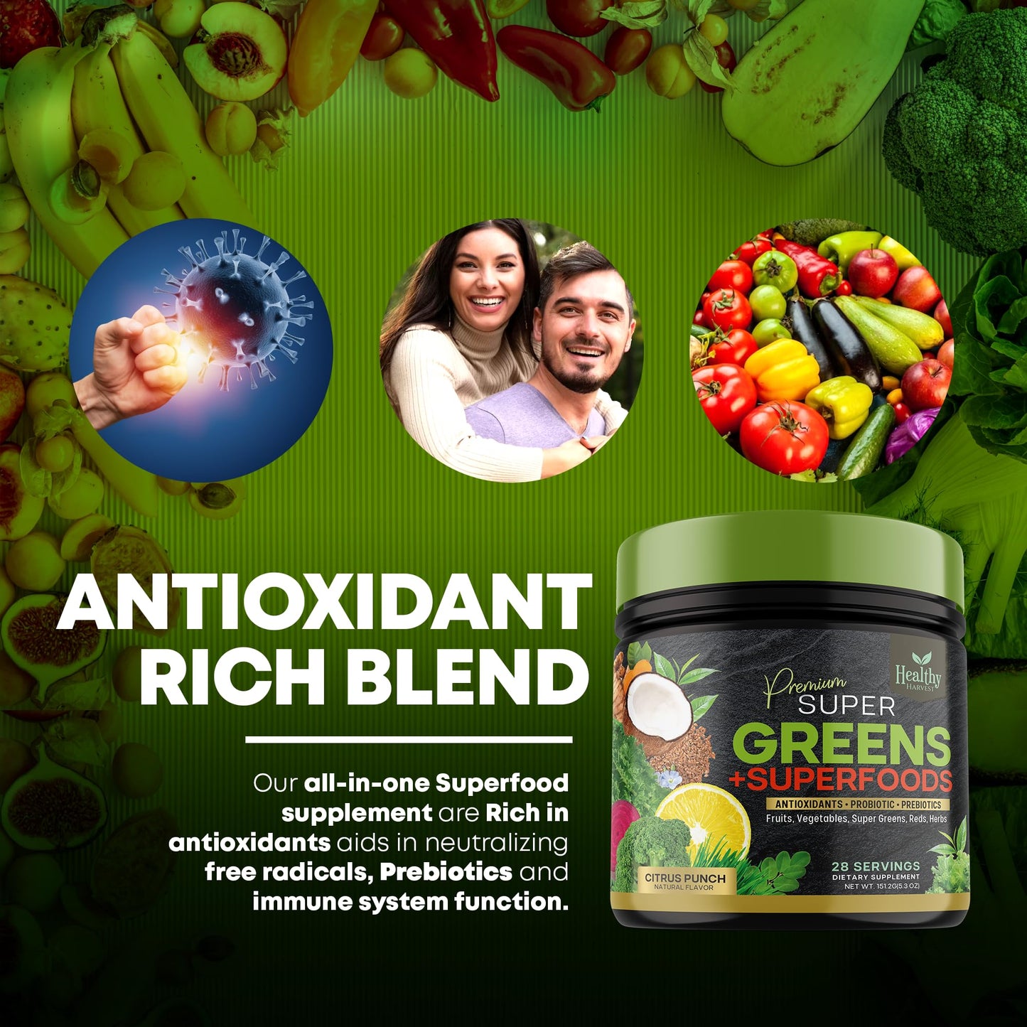 Greens Powder Superfood Supplement - Super Green Reds Smoothie Mix Blend with Spirulina Healthy Harvest NutritionBuy Supplements Australia