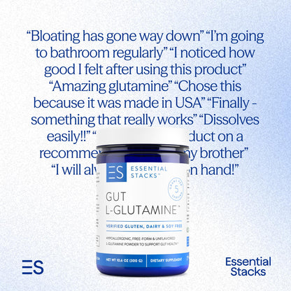 Essential Stacks Gut L-Glutamine Powder - Exclusively Made in USA - Pure L Glutamine Powder for Gut Health (60 Servings, Unflavored)