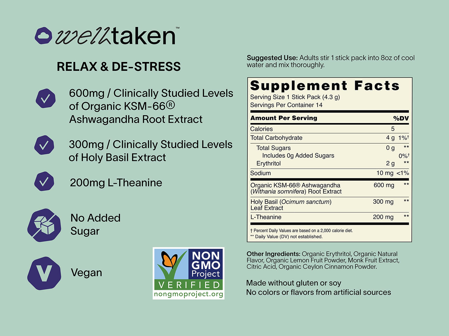 WellTaken Ashwagandha Relax & De-Stress Powder - Lemon Lavender 14ct Box - 600mg Ashwagandha, 200mg L-Theanine, Holy Basil – Supports Stress, Relaxation – Vegan, No Added Sugar - 14 Servings WellTakenBuy Supplements Australia