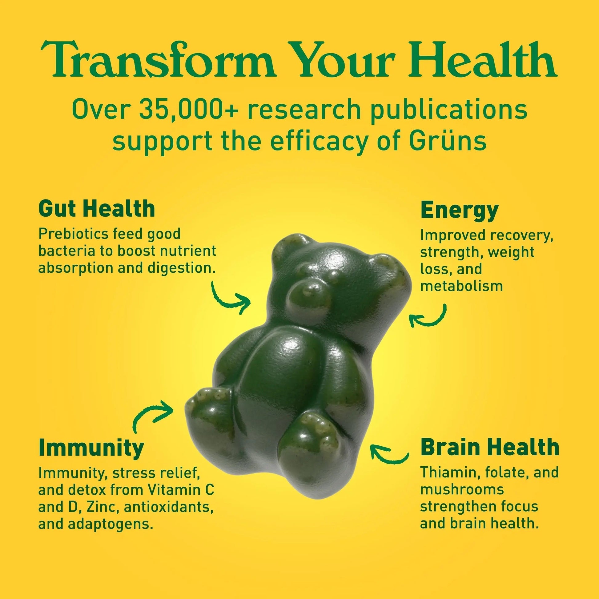 Gruns Adults Super Greens Multivitamin Gummies, Superfood Vitamin Gummy Bears with Spirulina, Chlorella, Prebiotic Fiber for Digestive Health GrünsBuy Supplements Australia