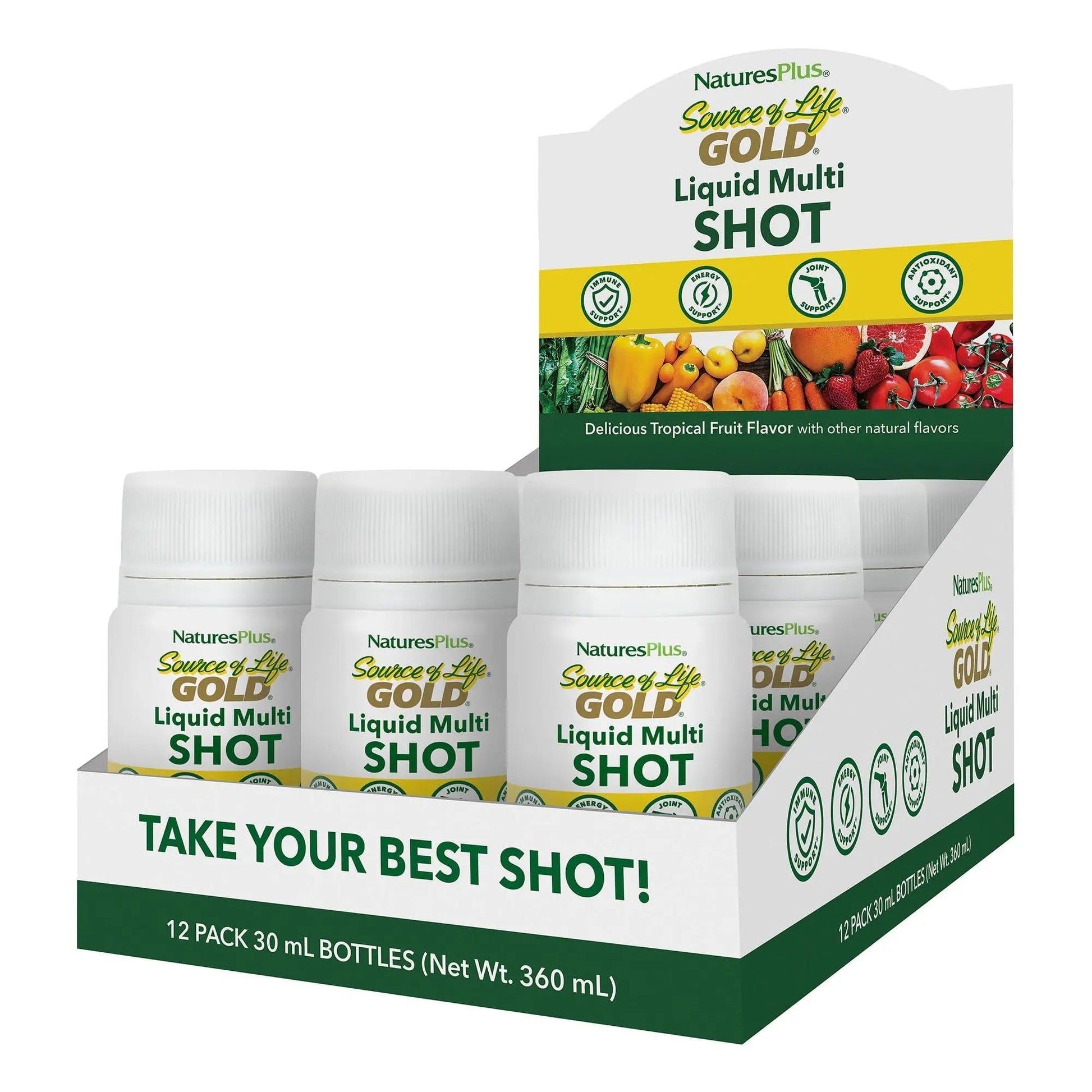 NaturesPlus Source of Life Gold Liquid Multi Shot - 1 fl oz, Case of 12 - Tropical Fruit Flavor - Provides Nutrients from 100+ Fruits and Vegetables - 12 Servings NaturesPlus