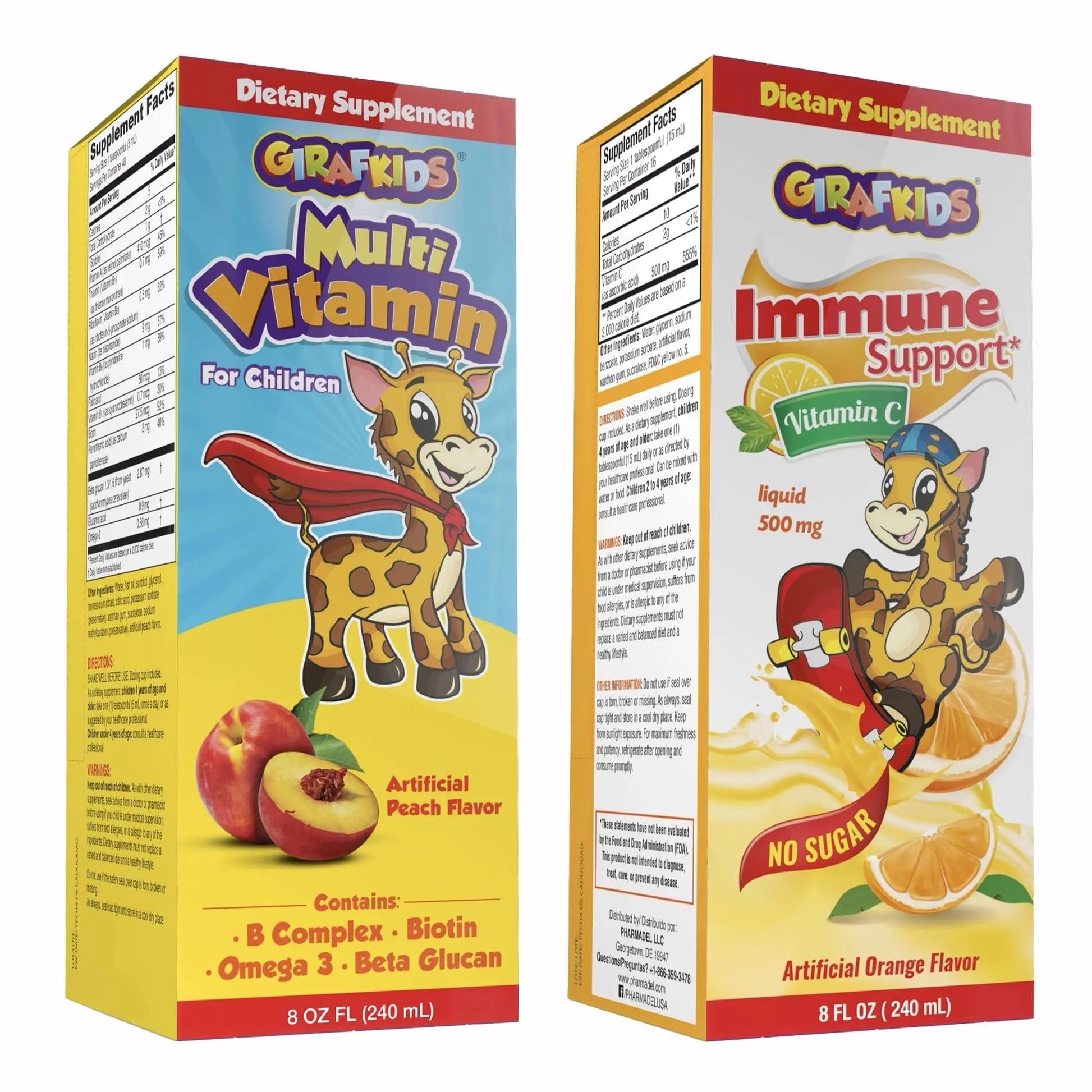 GirafKids Multivitamin Syrup + Liquid Vitamin C Bundle for Kids Ages 4+ | Omega-3, Beta Glucan, Folic Acid & Antioxidant Support | Peach & Orange Flavors PHARMADELBuy Supplements Australia