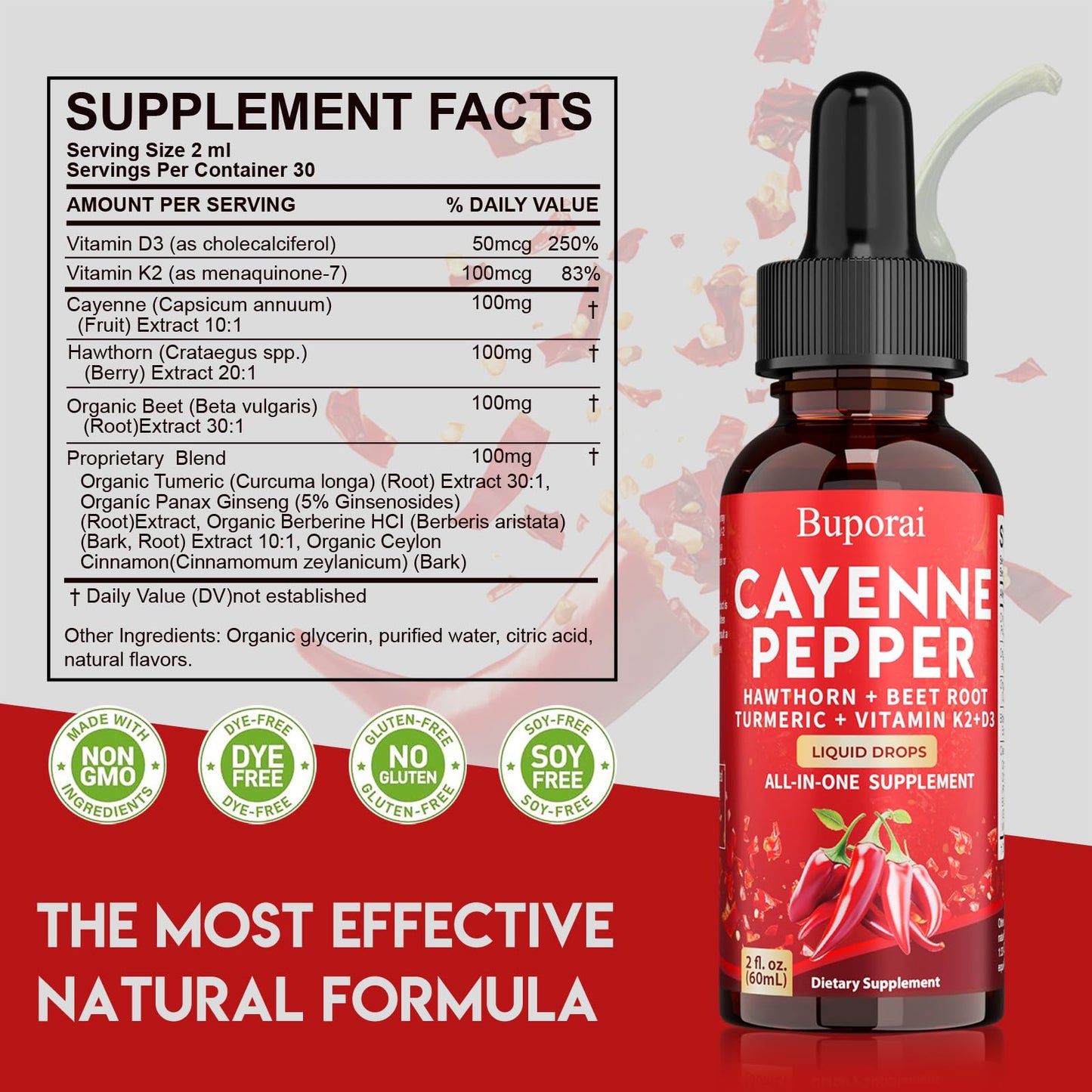 Buporai Cayenne Pepper Drops, Cayenne Pepper Extract Liquid Supplement for Overall Well-Being, 2 fl oz, Vitamin D3 K2 Beet Root Powder BuporaiBuy Supplements Australia