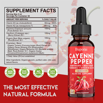 Buporai Cayenne Pepper Drops, Cayenne Pepper Extract Liquid Supplement for Overall Well-Being, 2 fl oz, Vitamin D3 K2 Beet Root Powder BuporaiBuy Supplements Australia
