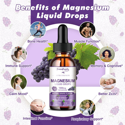 GREENPEOPLE Magnesium Glycinate Liquid Drops - 1000mg 5-in-1 High Absorption Liquid Magnesium for Sleep with D3/K2/B6 | Fast-Acting, Bone, Muscle & Sleep | Sugar-Free Grape Flavor, 2fl Oz GREENPEOPLEBuy Supplements Australia