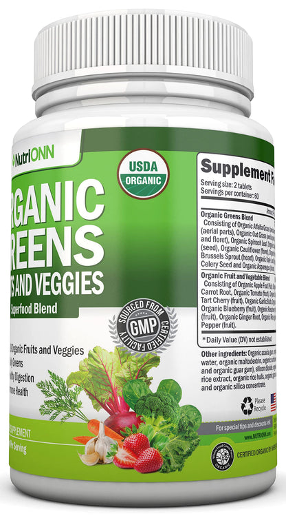 Organic Super Greens Capsules - Fruit And Vegetable Supplements - 120 Count - 28 USDA Organic & Vegan Premium Ingredients - Superfood Blend For Immune Health, Digestion & Energy - Whole Food Vitamins NutriONNBuy Supplements Australia