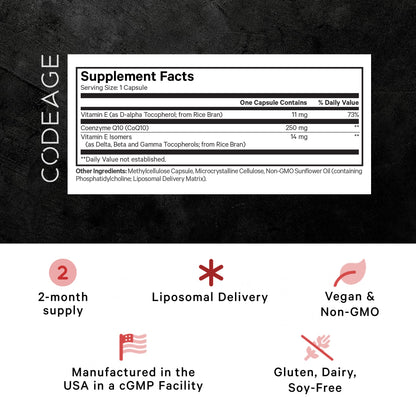 Codeage Liposomal CoQ10 Max Supplement - 250 mg Coenzyme Q10 with Vitamin E Isomers Tocopherols - 2-Month Supply - 1 Capsule Per Serving - Liposomal Delivery - Non-GMO, Gluten-Free - 60 Capsules CodeageBuy Supplements Australia