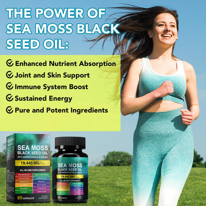 Sea Moss Black Seed Oil Ashwagandha Ginger, Sea Moss Capsule Supplement with Turmeric Burdock Root Bladderwrack Vitamin C Vitamin D3 Enhanced Immunity