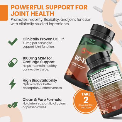 EarthNutri UC-II Collagen & MSM Supplement for Bone Health and Joint Flexibility Joint Supplement - 40mg UC-II Providing 10mg Total Collagen & 1000mg MSM - 60 Capsules (2 Caps Daily) EarthNutriBuy Supplements Australia