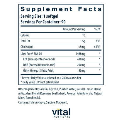 Vital Nutrients Ultra Pure® Fish Oil 800 Triglyceride Form - Heart, Brain, & Immune Health* - Sustainably Sourced High EPA & DHA Omega-3 Fatty Acid - Lemon Flavor - Gluten, Dairy, Soy Free - 90 Count Vital NutrientsBuy Supplements Australia
