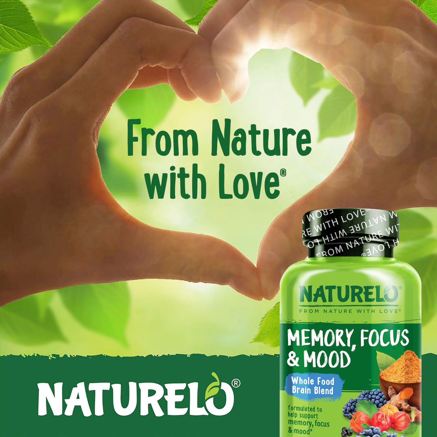 NATURELO Whole Food Brain Supplement - Brain Health Supplements for Memory & Focus Support - Enhance Brain Health Blend Supplement for Adults