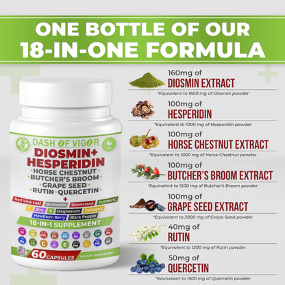 Dash of Vigor 18-in-1 Diosmin Hesperidin Supplement, Quercetin with Bromelain, Zinc, Vitamin C with Rutin Supplement, Horse Chestnut Extract, Butcher's Broom Extract, USA, 60 Capsules DASH OF VIGOR DOFVBuy Supplements Australia