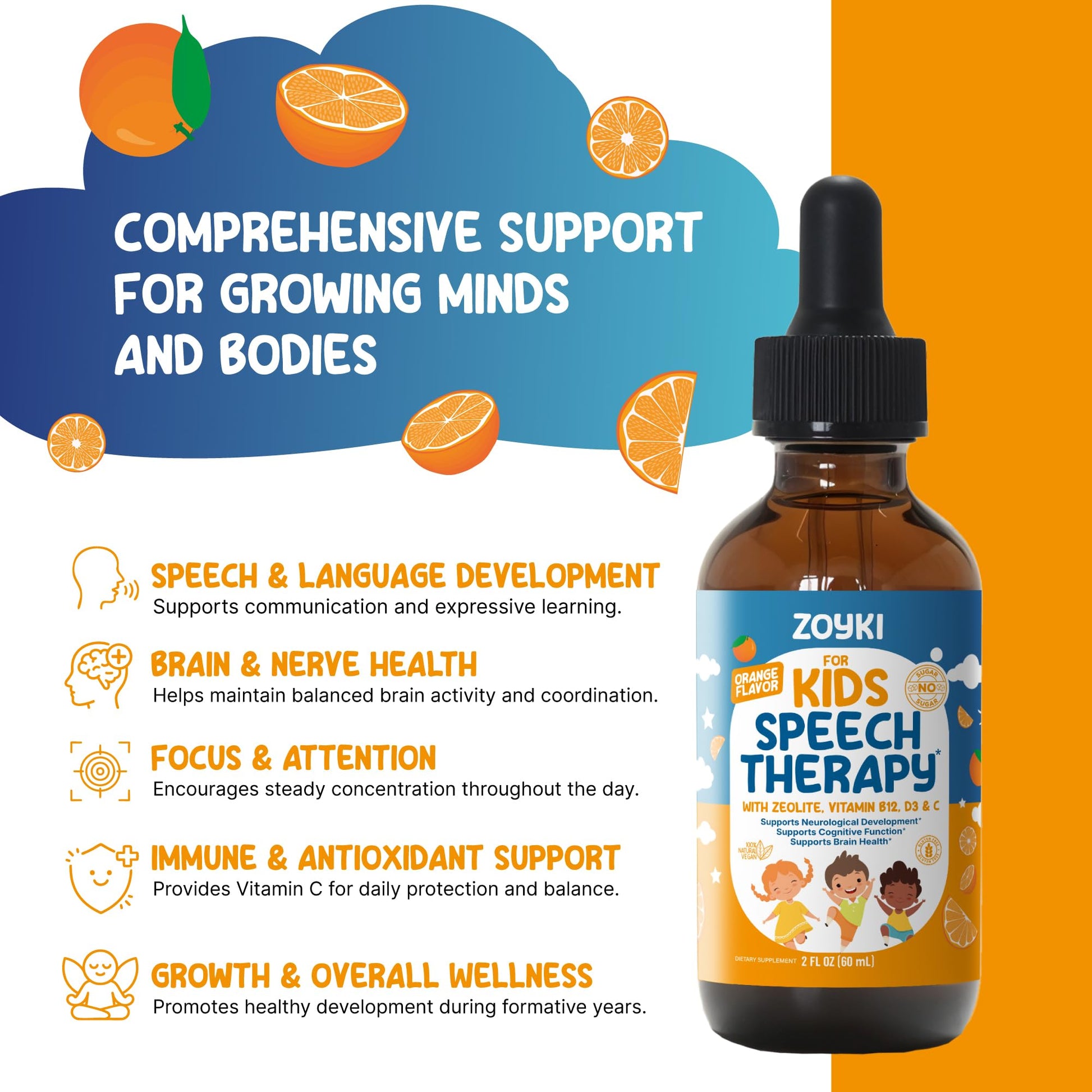 Zoyki Speech Therapy Drops for Kids - Speech Support Supplement for Communication Delay Cognitive Function Language & Brain Development with Zeolite Vitamins B12 D3 C - Sugar Free Gluten-Free Vegan ZoykiBuy Supplements Australia