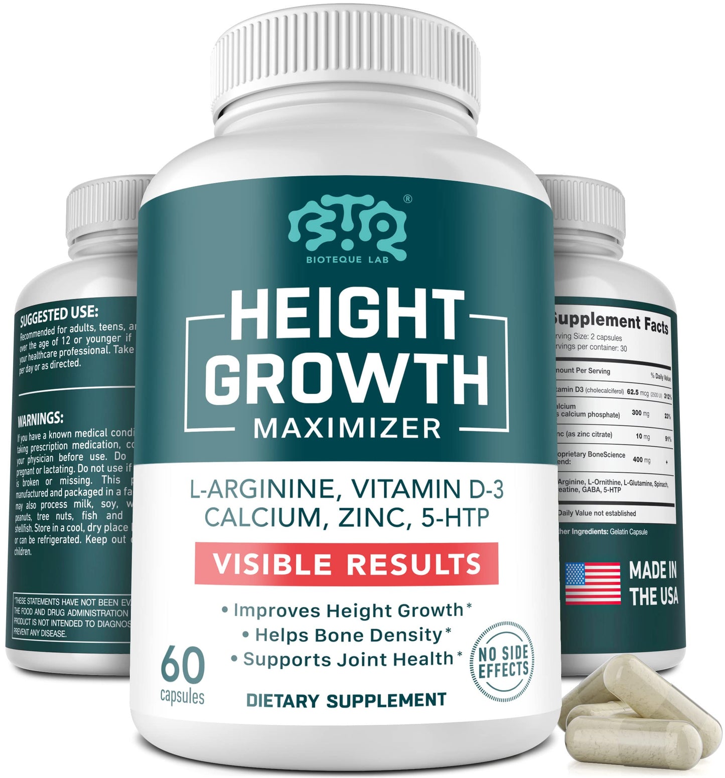 BIOTEQUELAB Height Growth Maximizer, Calcium, Vitamin D3 and Zinc Blend Pills, Bone Growth Supplement for Kids and Teens, Bone Strength, Density Support, GMO-Free, Gluten-Free, Made in USA, 60 Caps BTQ BIOTEQUE LABBuy Supplements Australia