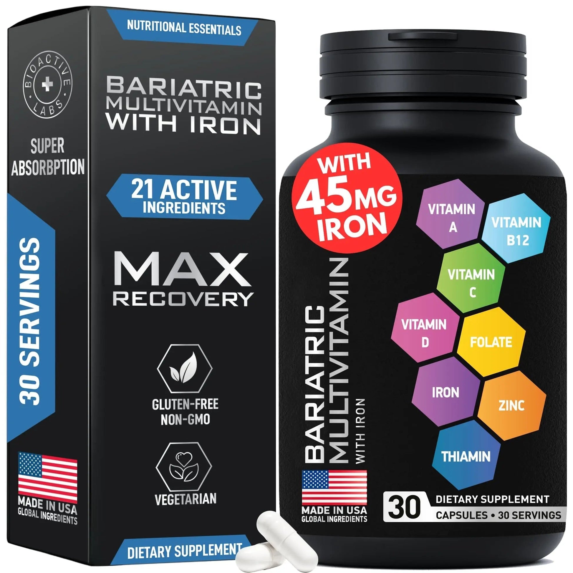 Bariatric Multivitamin with Iron 45mg for Women & Men - 21-in-1 Essential Post Gastric Bypass and Gastric Sleeve Vitamins A,C,D,E, B Complex BIOACTIVE LABS