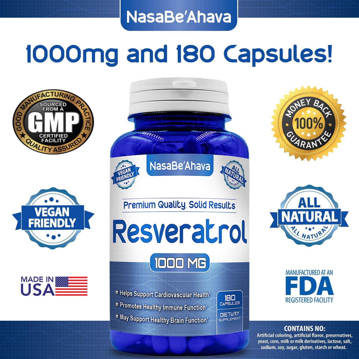 NASA Beahava 100% Pure Resveratrol - 1000mg Per Serving Max Strength (180 Capsules) NasaBeahavaBuy Supplements Australia