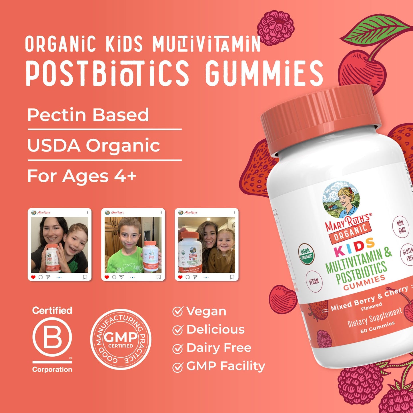 Kids Vitamins by MaryRuth's | USDA Organic | Multivitamin Gummies + Postbiotics for Ages 4+ | Multivitamin for Kids with Lactobacillus Rhamnosus | MaryRuth OrganicsBuy Supplements Australia