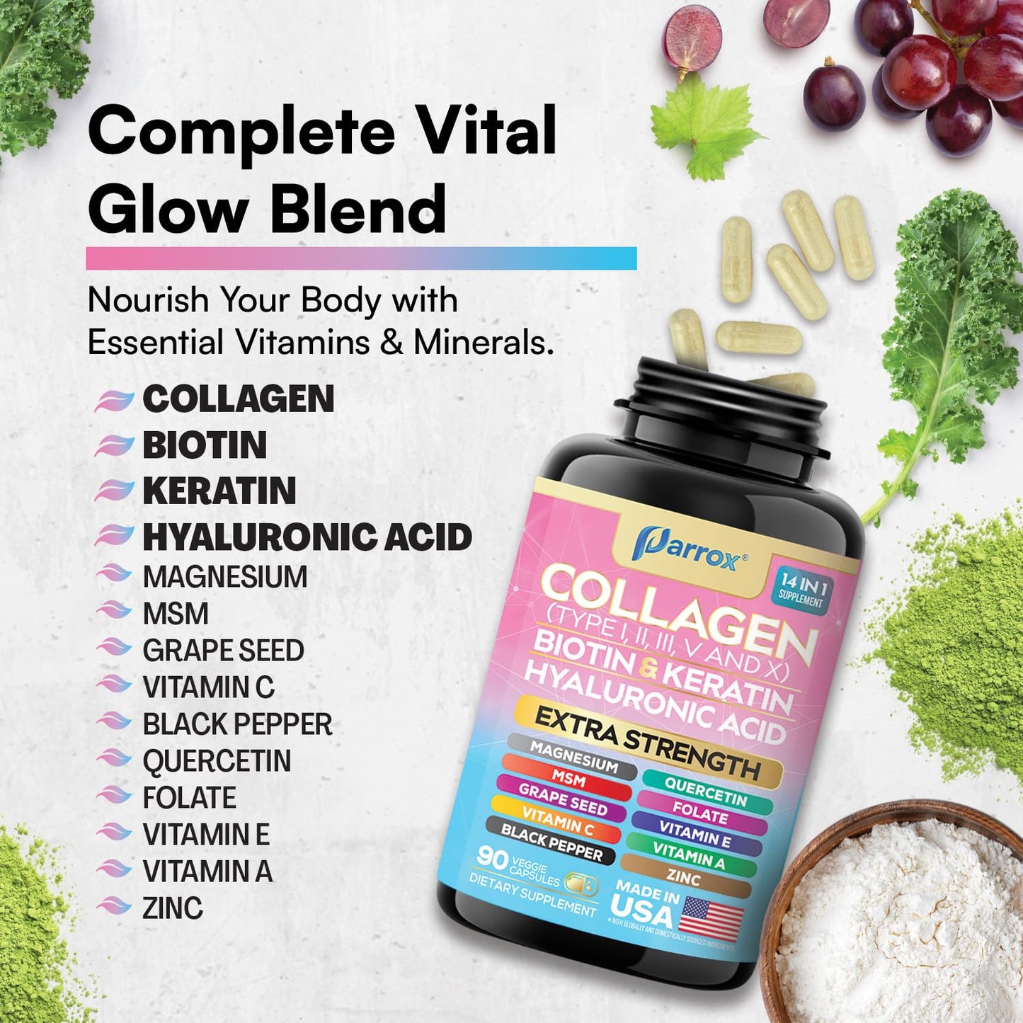 Parrox Collagen Peptides Types I, II, III, V & X, MCG Biotin, Keratin, Hyaluronic Acid, MSM, Zinc, Grape Seed Extract, Quercetin, Vitamin A, Vitamin C,