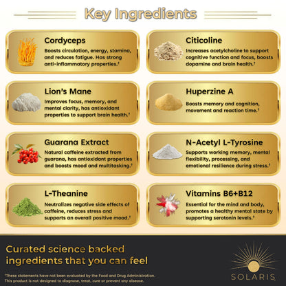 Solaris Mushroom Productivity Wellness Shots | Focus, Circulation, Memory | 4000mg of Cordyceps & Lion's Mane | Citicoline, L-Theanine, Vitamin B6/B12 | Coffee Alternative (6-Pack) Solaris ExtractsBuy Supplements Australia