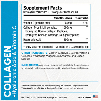 ForestLeaf Multi Collagen Pills with Hyaluronic Acid + Vitamin C | Hydrolyzed Collagen Supplements for Women or Men | Multi Collagen Capsules Peptides for Skin