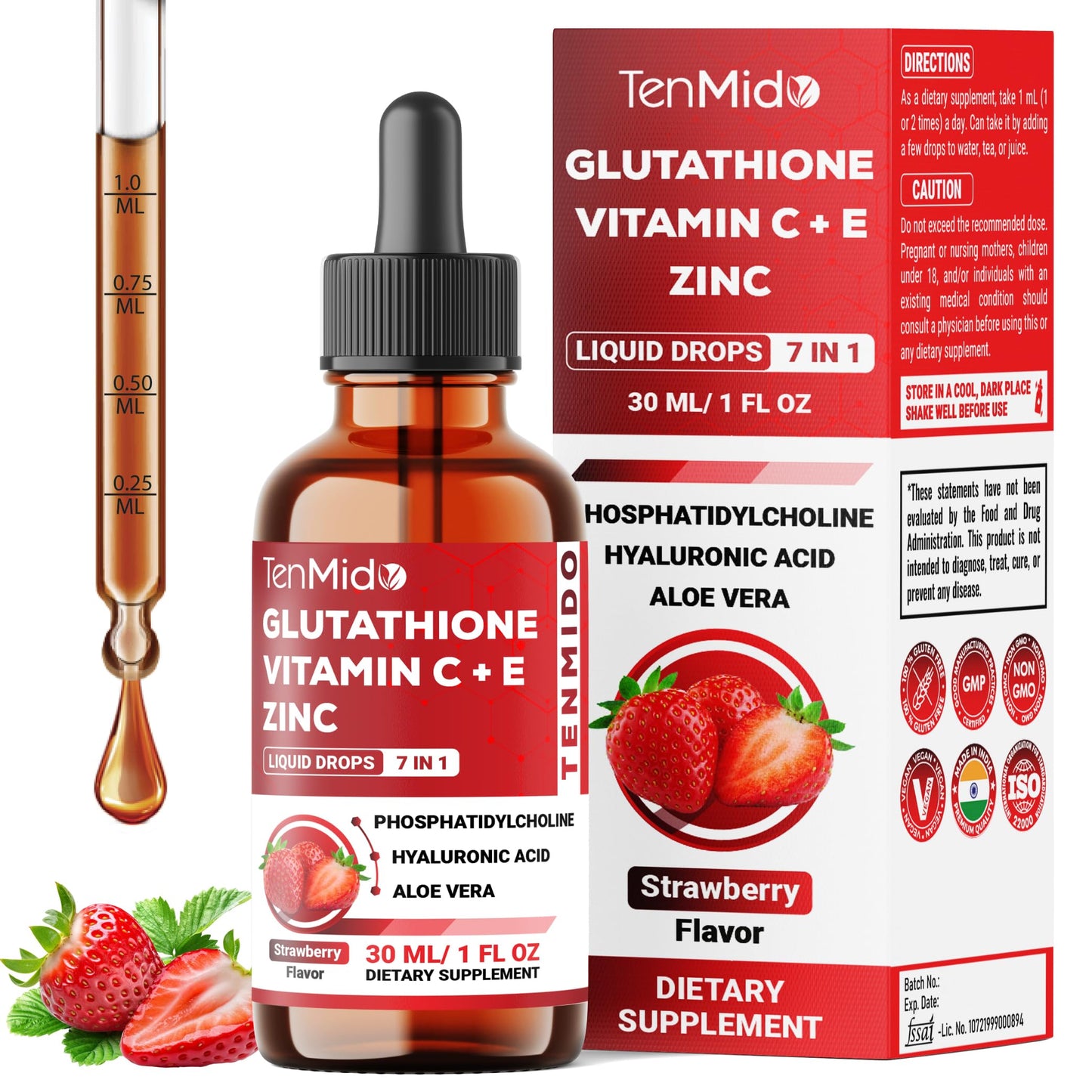 Tenmido Liposomal Glutathione Supplement - 7in1 Liquid Drops with Zinc, Vitamin C, Vitamin E, Phosphatidylcholine, Hyaluronic Acid, and Aloe Vera - Vegan, Non-GMO - 30ml 1 Fl Oz TenmidoBuy Supplements Australia