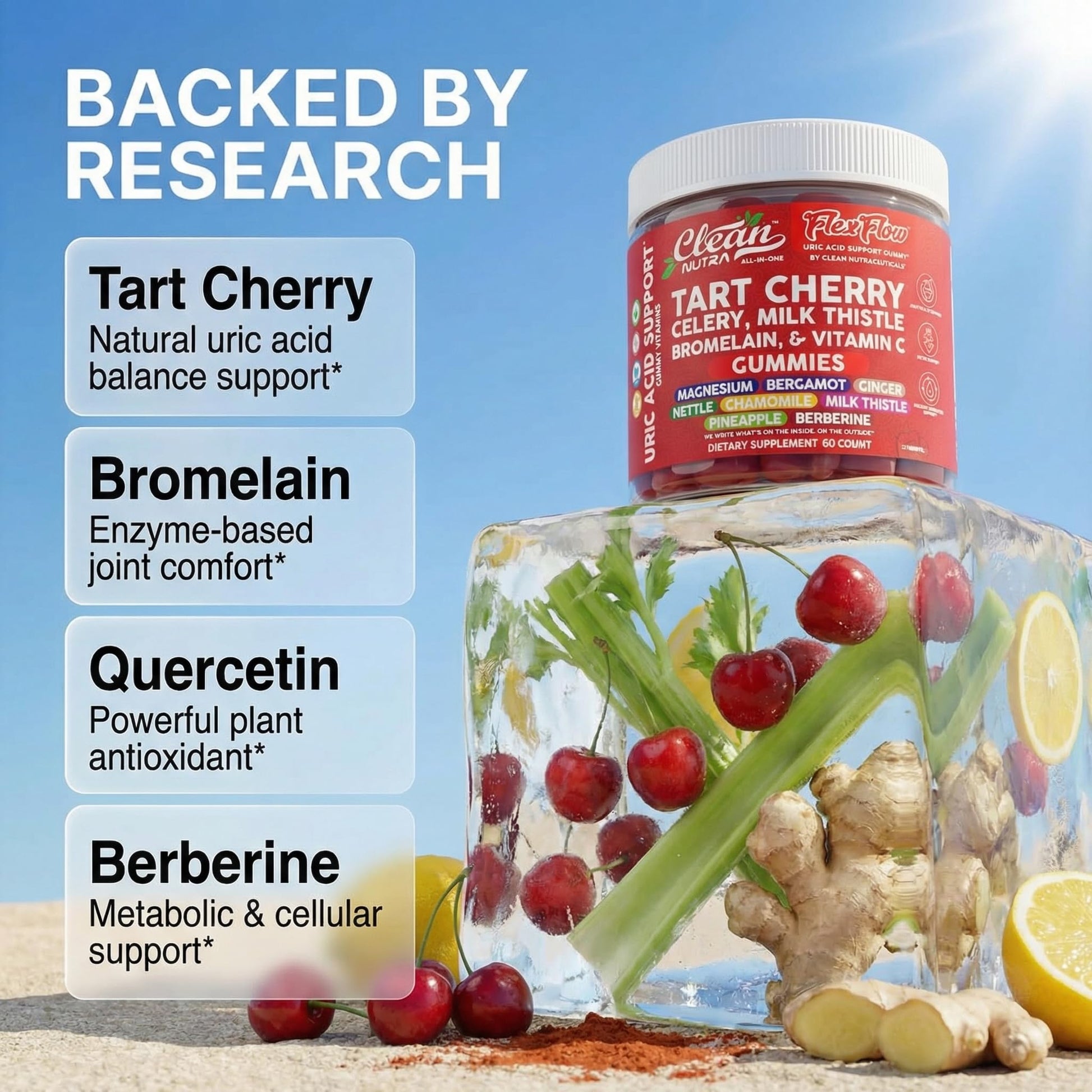 Clean Nutra Tart Cherry Gummies Uric Acid Flush Celery Milk Thistle Bromelain Vitamin C Magnesium Citrus Bergamot Ginger Stinging Nettle Leaf Chamomile Berberine Quercetin Support 60 Gummy Vitamins Clean NutraceuticalsBuy Supplements Australia